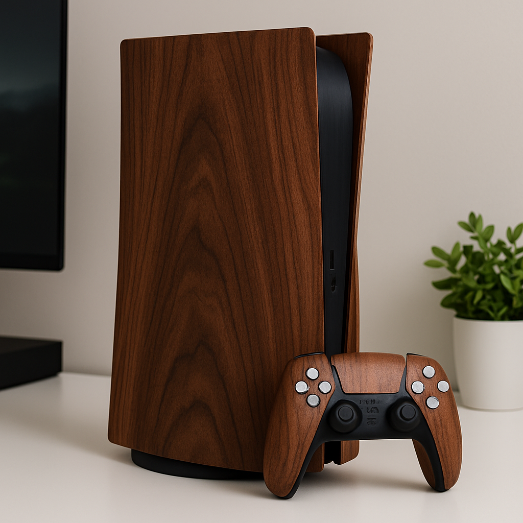 PS5 console with wood grain skin on desk – Best-Skins™ premium console skin design.