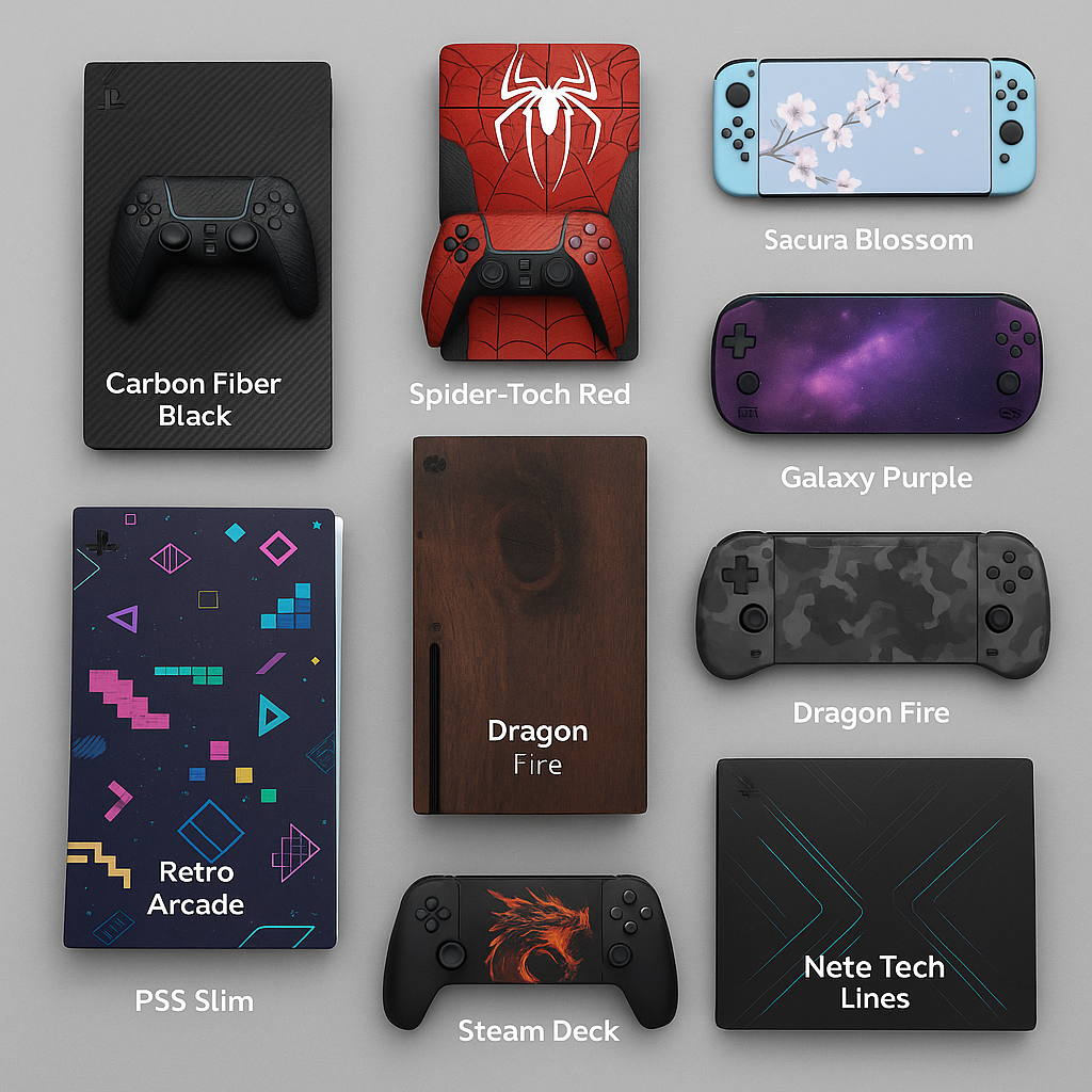 Flat-lay of top-selling console skins from Best-Skins, including PS5, Xbox, ROG Ally, and Switch.