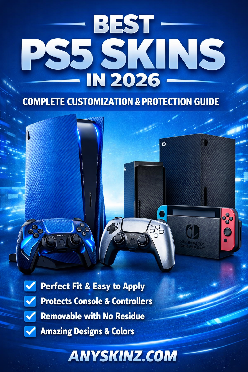 Best PS5 skins in 2026 with blue vinyl console and controller wraps from Anyskinz, showing custom PlayStation, Xbox, and Nintendo gaming skins for protection and style.