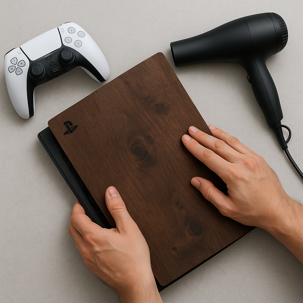 User applying a wood grain vinyl skin to a PS5 console – Best-Skins™