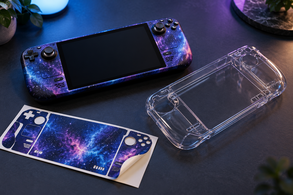 Handheld gaming device beside a thin vinyl skin sheet and a clear protective shell