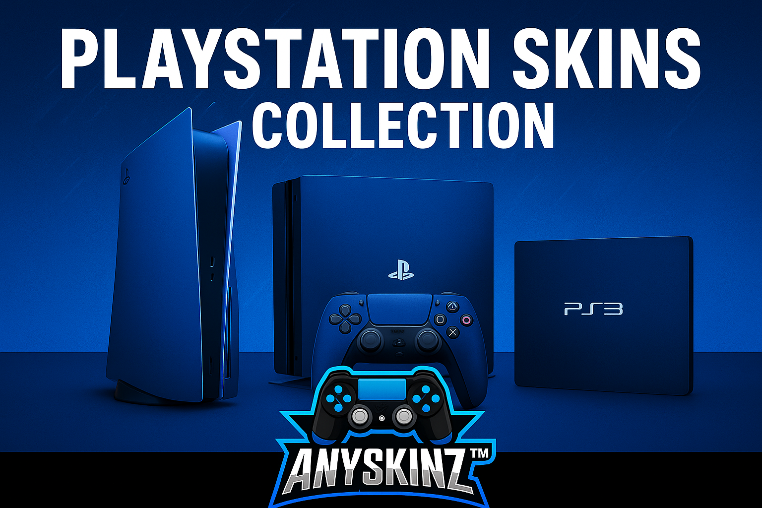 PlayStation Skins Collection by Anyskinz – Premium vinyl wraps for PS5, PS4, and PS3 consoles and controllers in wood, carbon fiber, and metallic finishes with dark navy and electric blue gaming design.