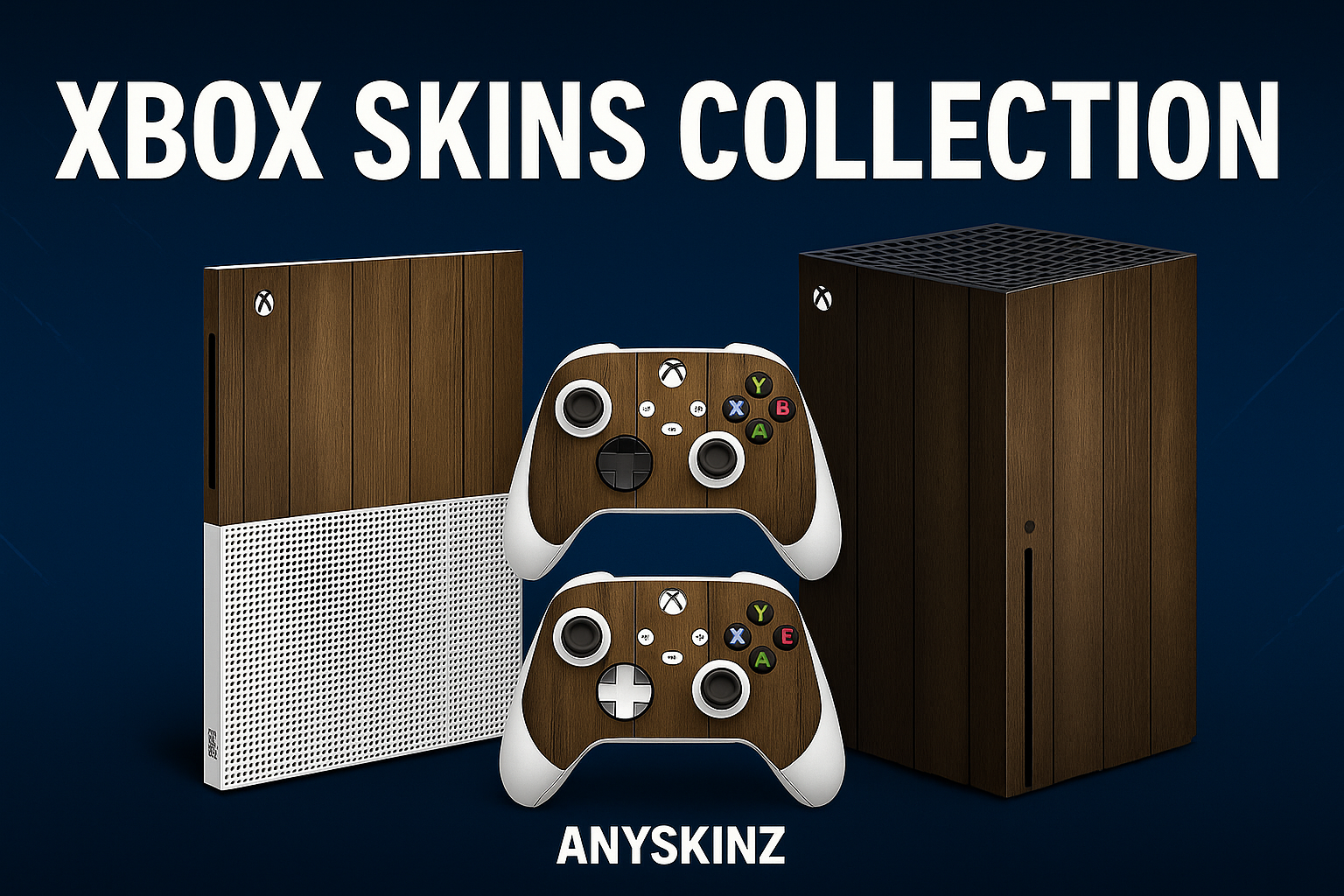 Xbox Skins Collection by Anyskinz – Premium vinyl wraps for Xbox Series X, Series S, Xbox One, and Xbox 360 consoles and controllers in wood, carbon fiber, and metallic finishes with dark navy and electric blue gaming design