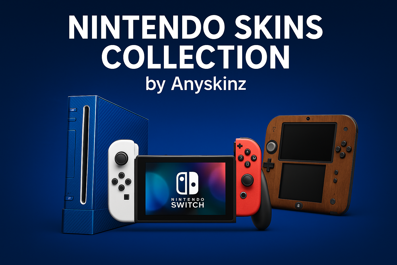 Nintendo Skins Collection by Anyskinz – Custom vinyl wraps for Nintendo Switch, Switch OLED, Wii, and 2DS consoles and controllers in carbon, wood, and metallic designs.