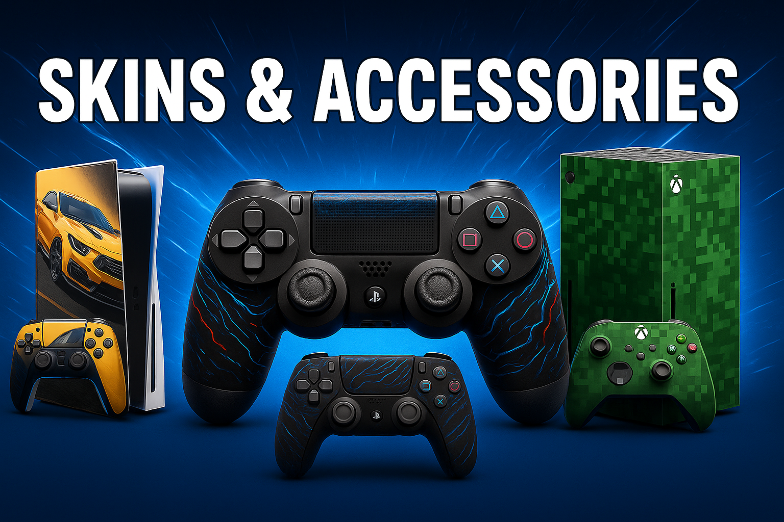 All Device Skins & Stickers by Anyskinz – Premium vinyl skins for PS5, Xbox, Nintendo, and gaming controllers. High-quality protective console skins in dark blue and electric tones.