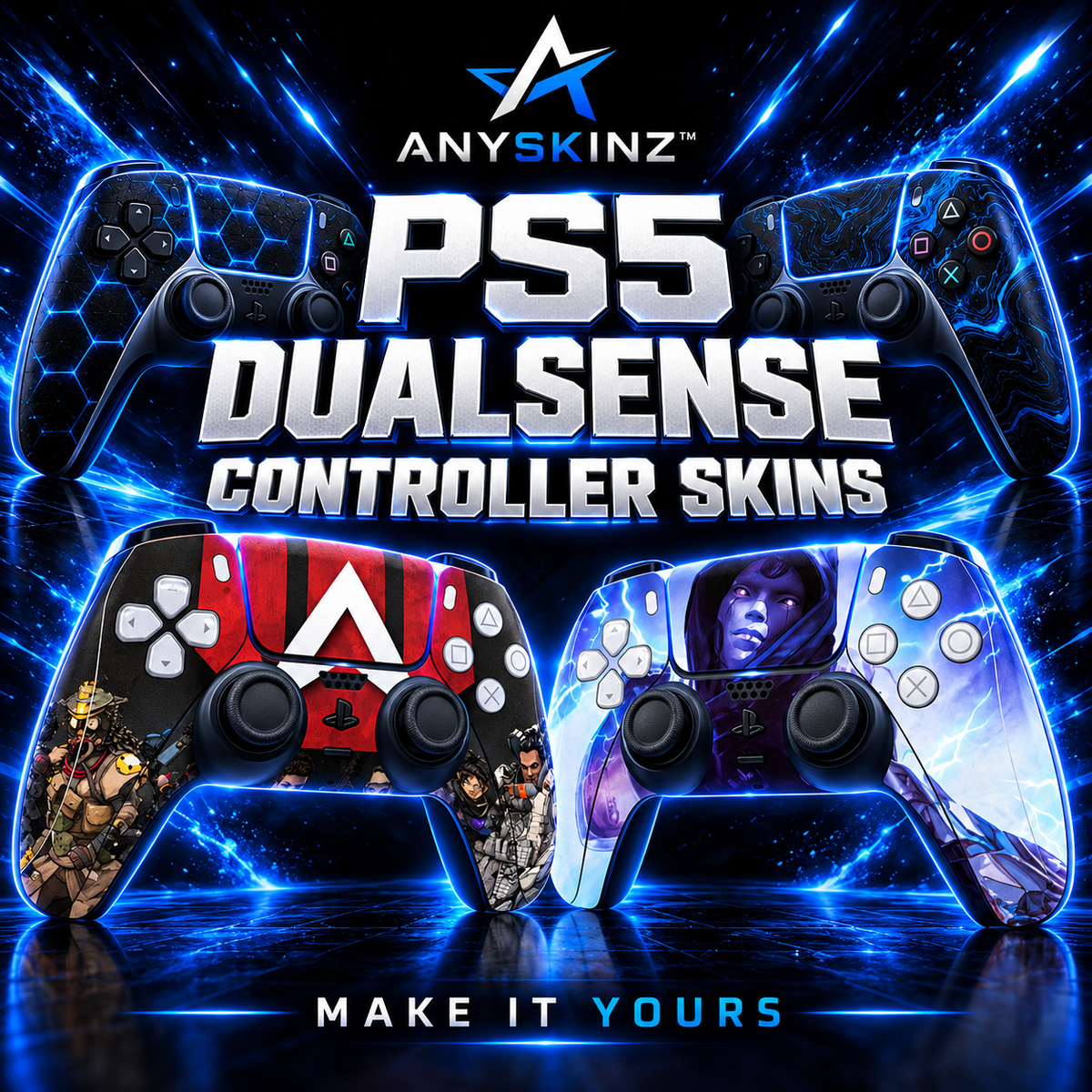 ANYSKINZ PS5 DualSense Controller Skins collection in black and electric blue