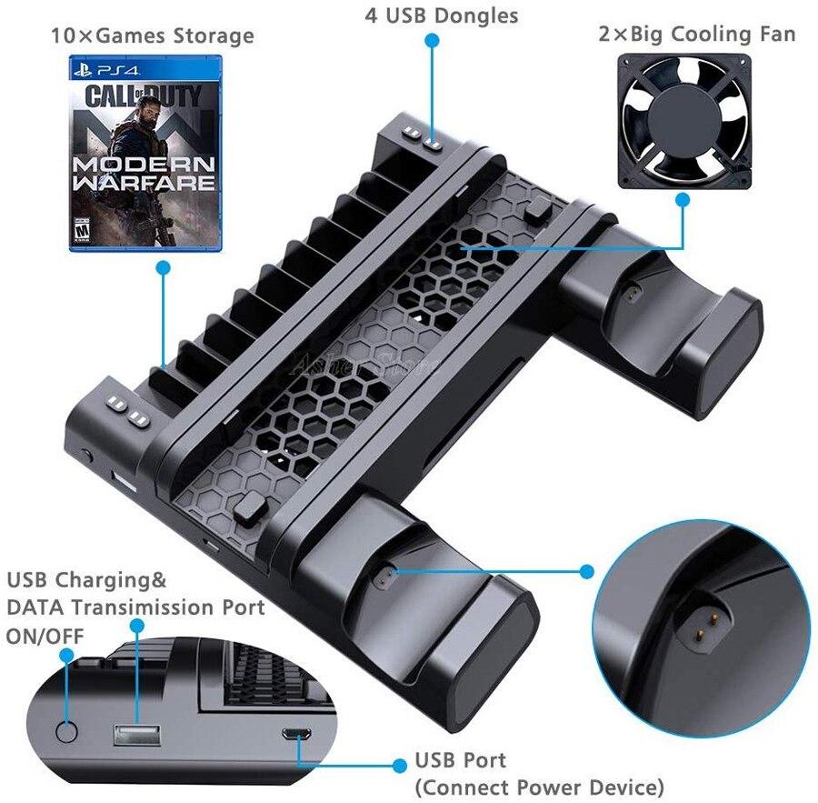 PS4/ PS4 PRO / PS4 SLIM CONSOLE VERTICAL STAND COOLING FAN + 2 CONROLLER CHARGING - best-skins