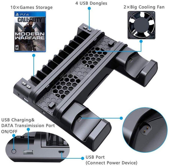 PS4/ PS4 PRO / PS4 SLIM CONSOLE VERTICAL STAND COOLING FAN + 2 CONROLLER CHARGING - best-skins