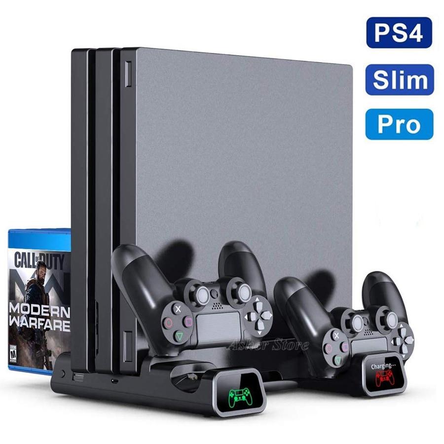 PS4/ PS4 PRO / PS4 SLIM CONSOLE VERTICAL STAND COOLING FAN + 2 CONROLLER CHARGING - best-skins