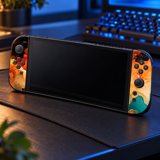Amber Teal Swirl Skin for Nintendo Switch 2 — lifestyle mockup; skin only