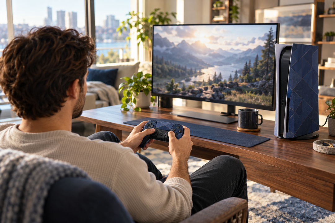 An adult enjoying a home gaming setup with coordinated geometric console and controller skins