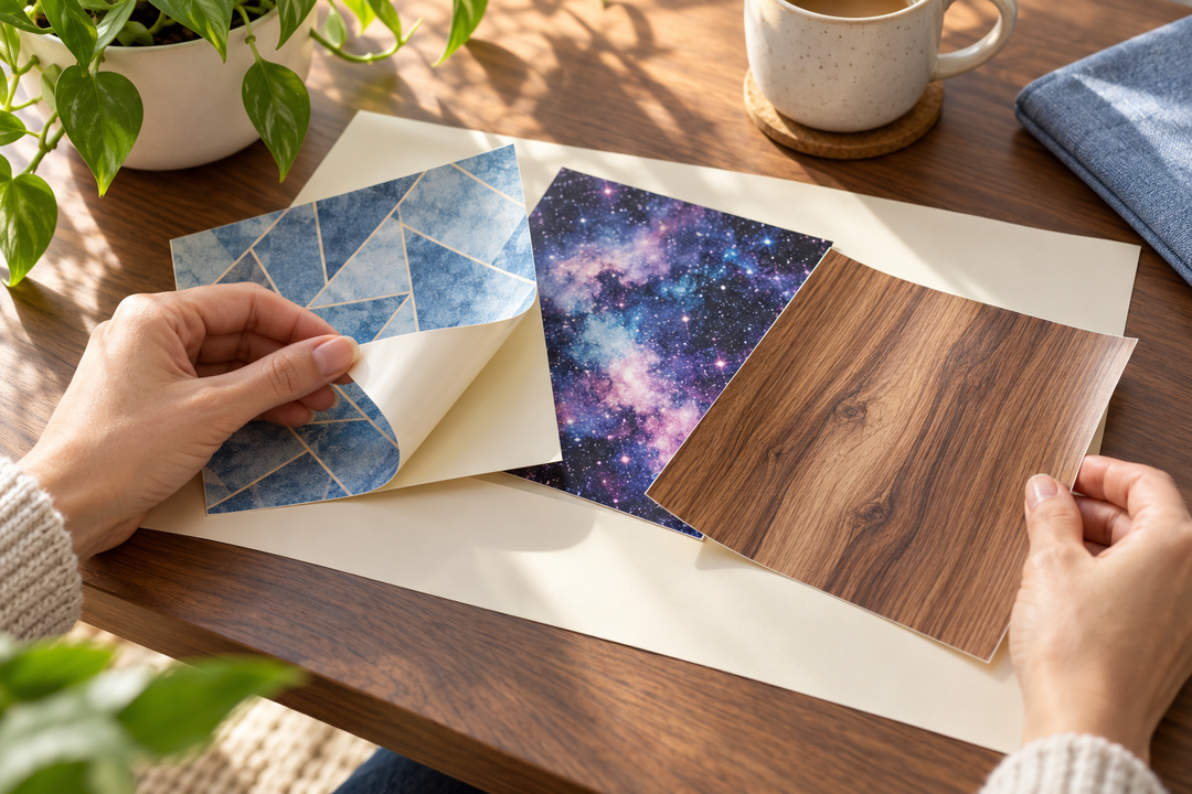 Hands exploring blue geometric, galaxy and wood-grain-look printed vinyl samples in natural light