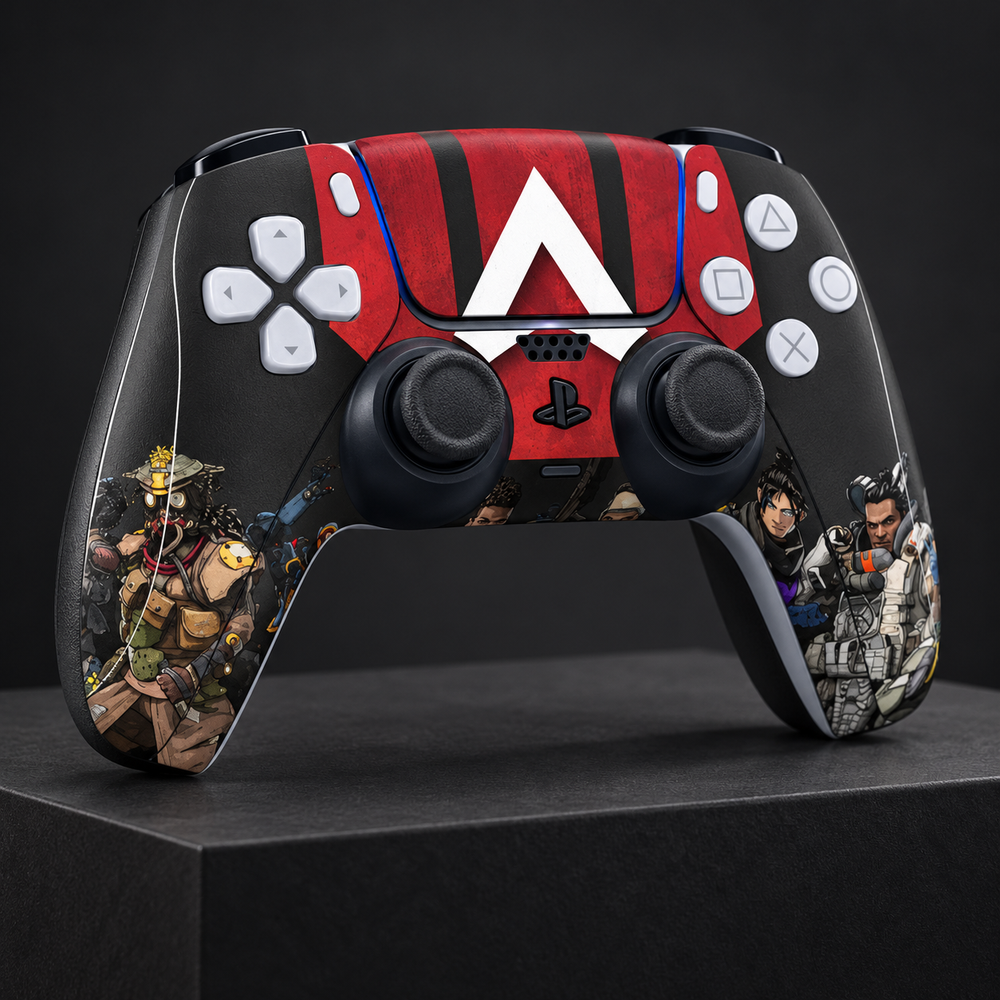 Apex Legends Crimson Emblem Skin for PS5 DualSense Controller — studio angle on dark background