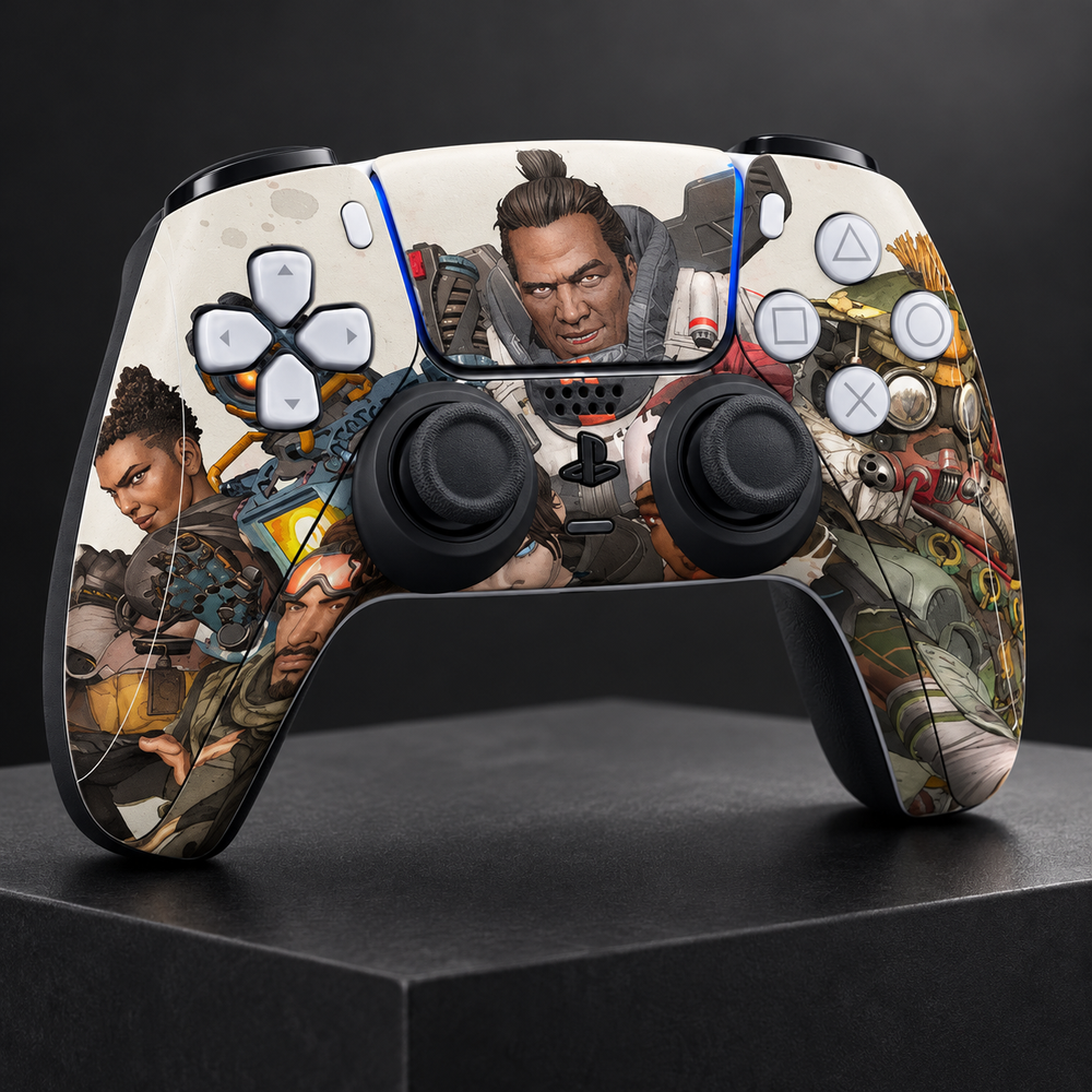 Apex Legends Gibraltar Squad Skin for PS5 DualSense Controller — studio angle on dark background