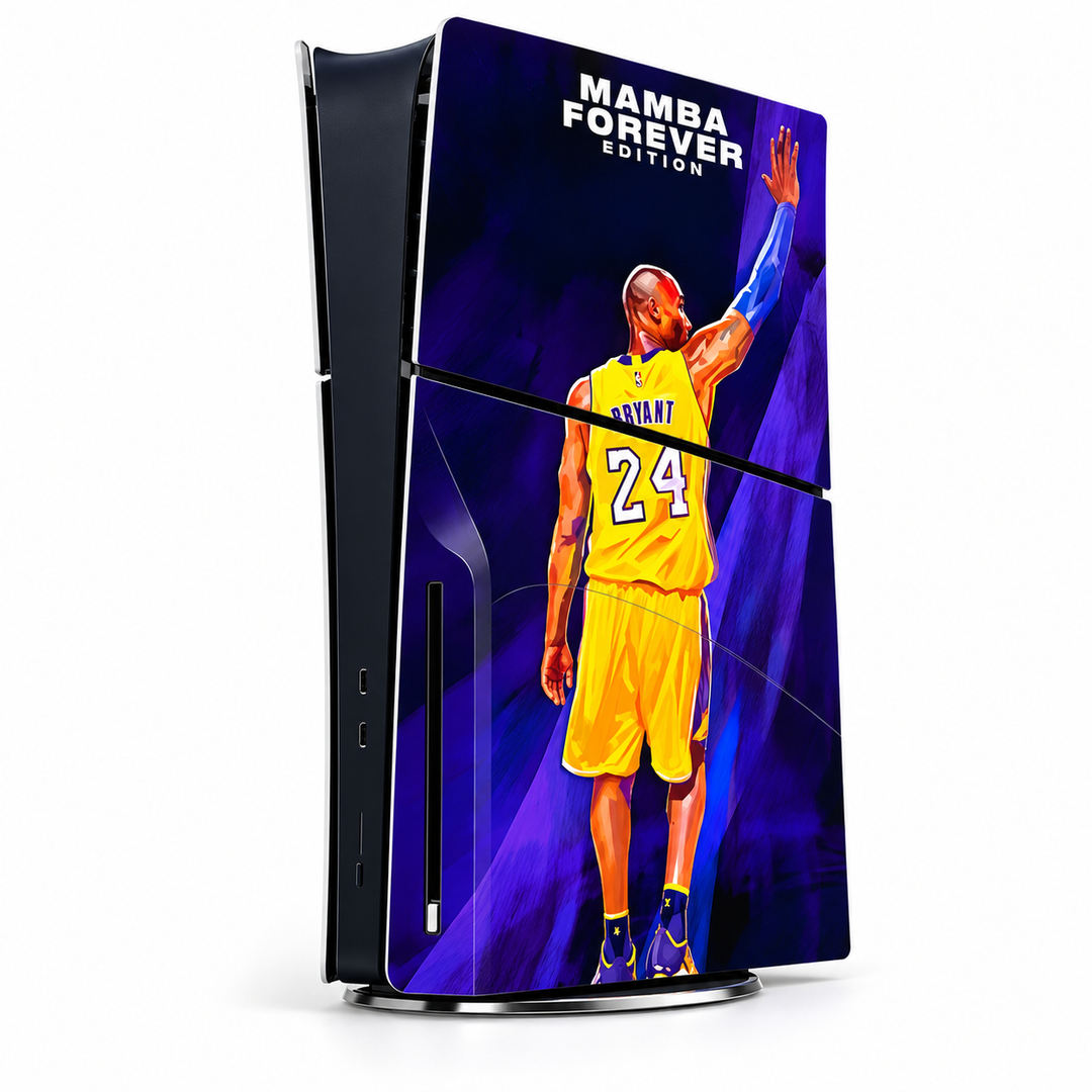 Kobe Bryant Mamba Forever Skin for PS5 Slim Disc Edition — studio angle on white background