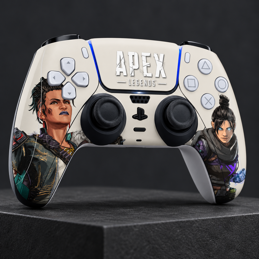 Apex Legends Wraith and Bangalore Skin for PS5 DualSense Controller — studio angle on dark background