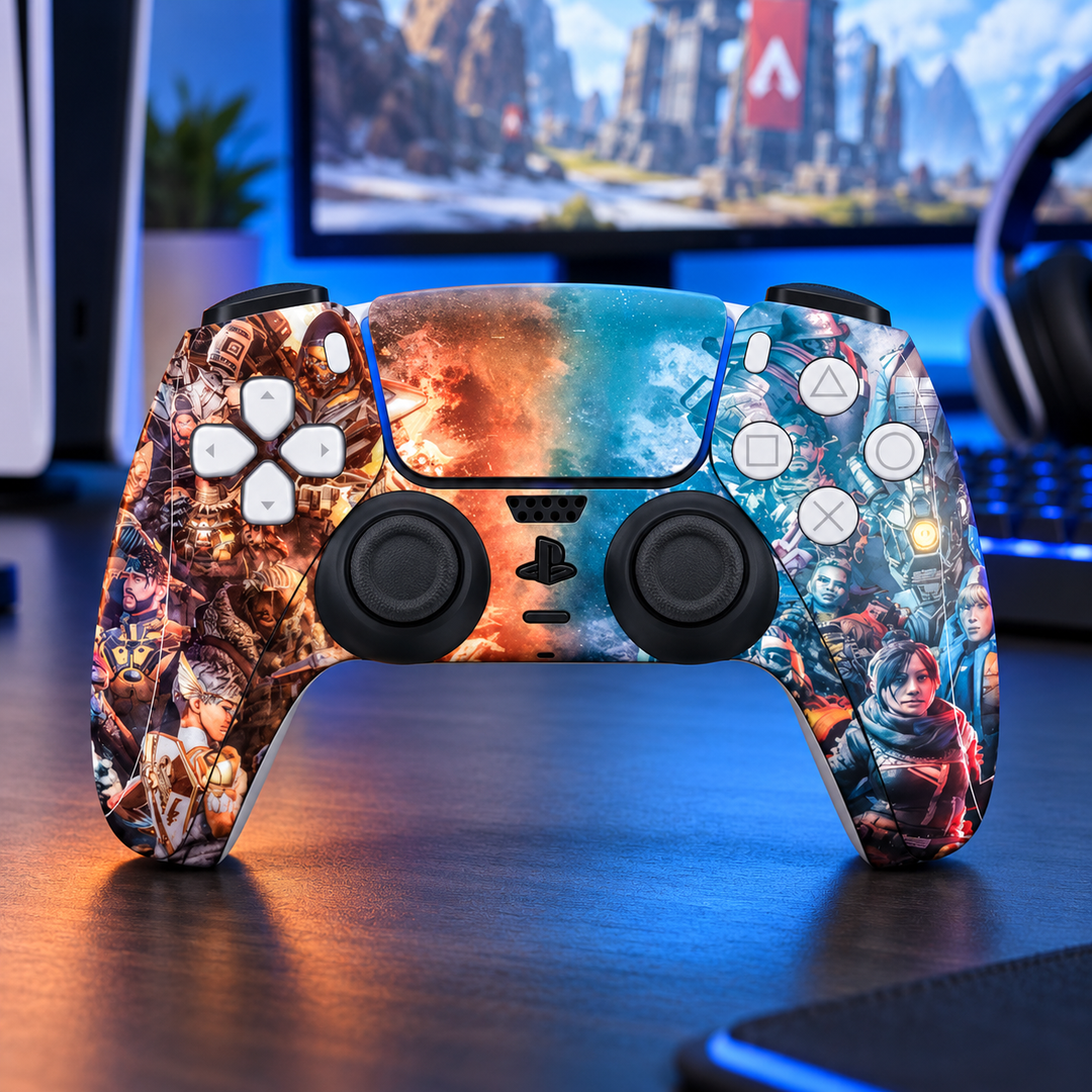 Apex Legends Fire and Ice Skin for PS5 DualSense Controller — gaming setup lifestyle view