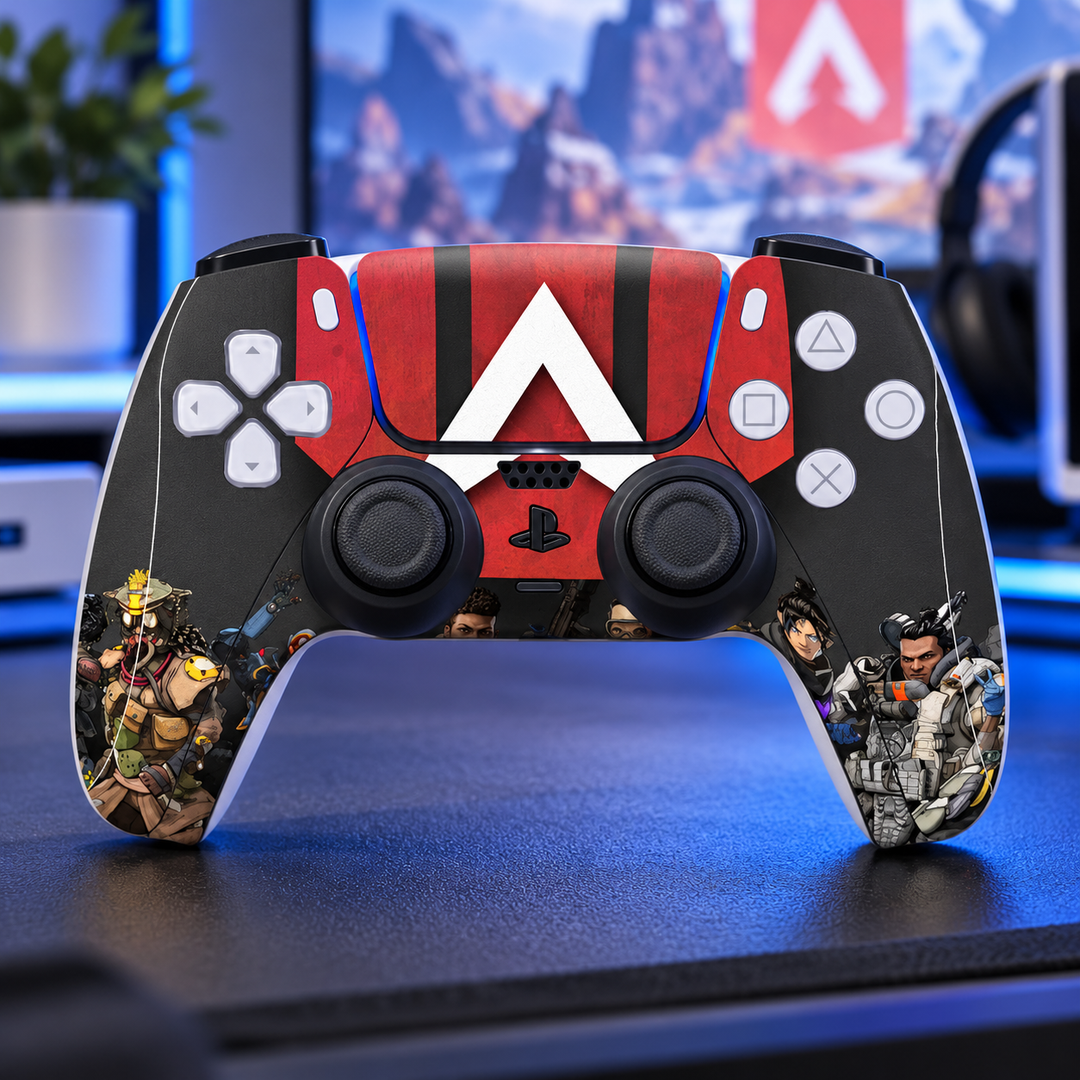 Apex Legends Crimson Emblem Skin for PS5 DualSense Controller — gaming setup lifestyle view