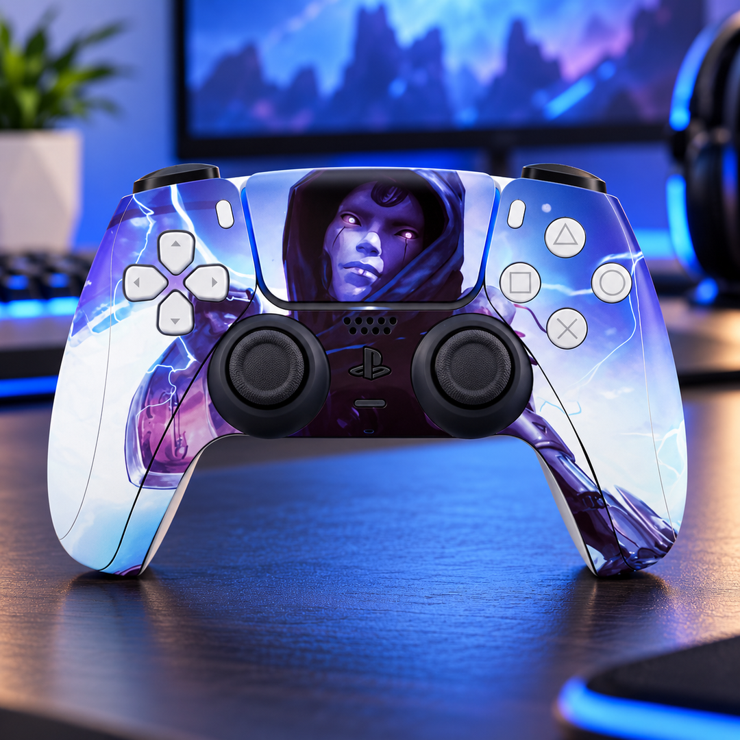 Apex Legends Void Lightning Skin for PS5 DualSense Controller — gaming setup lifestyle view