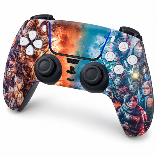 Apex Legends Fire and Ice Skin for PS5 DualSense Controller — studio angle on white background
