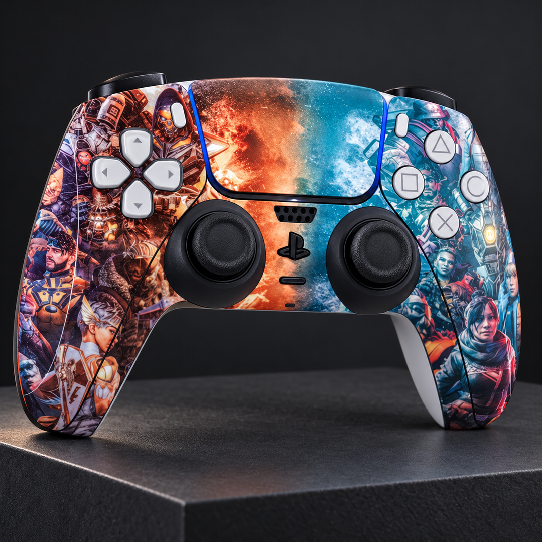 Apex Legends Fire and Ice Skin for PS5 DualSense Controller — studio angle on dark background