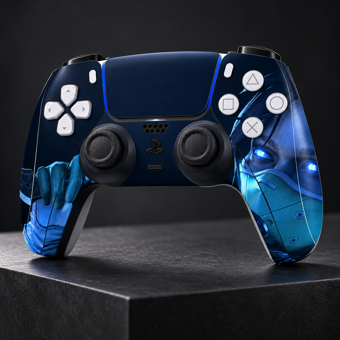 Apex Legends Midnight Wraith Skin for PS5 DualSense Controller — studio angle on dark background