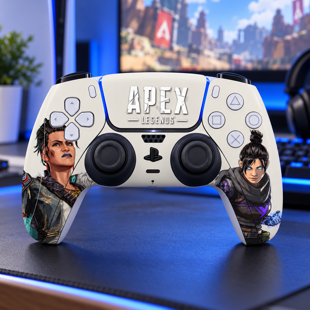 Apex Legends Wraith and Bangalore Skin for PS5 DualSense Controller — gaming setup lifestyle view