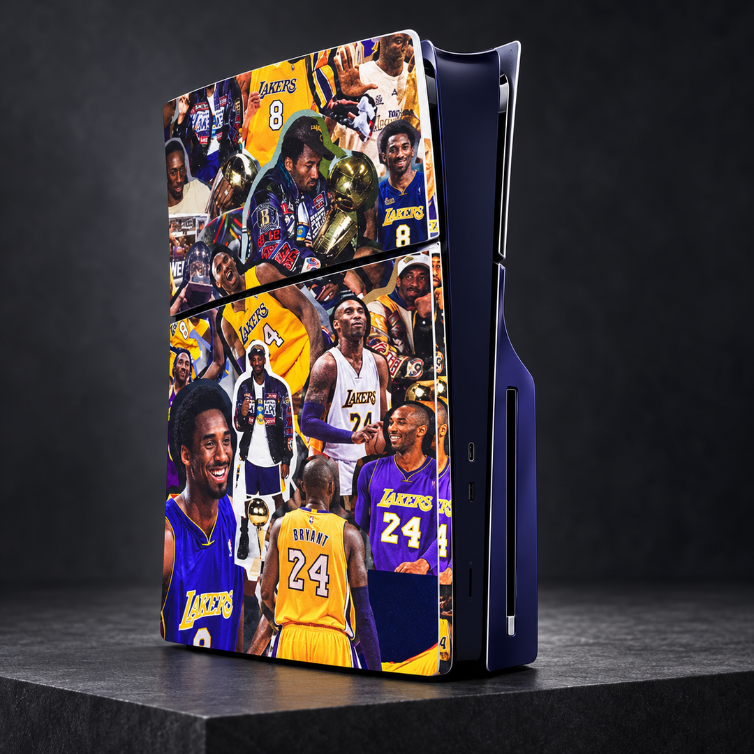 Kobe Bryant Mamba Forever Skin for PS5 Slim Disc Edition — studio angle on dark background