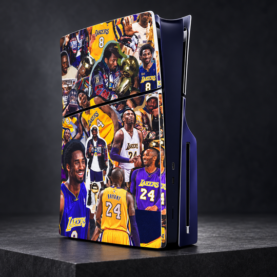 Kobe Bryant Mamba Forever Skin for PS5 Slim Disc Edition — studio angle on dark background