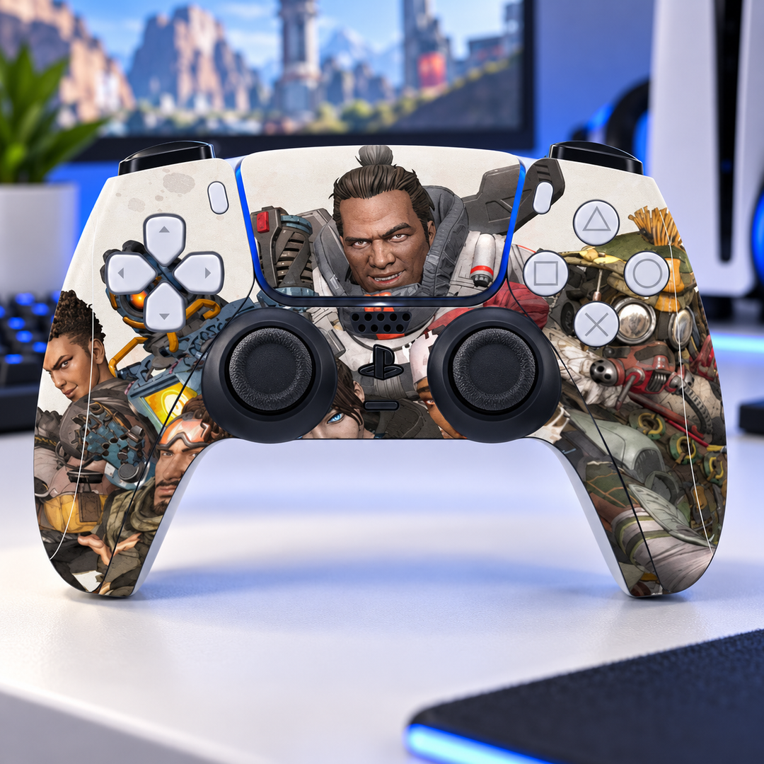 Apex Legends Gibraltar Squad Skin for PS5 DualSense Controller — gaming setup lifestyle view