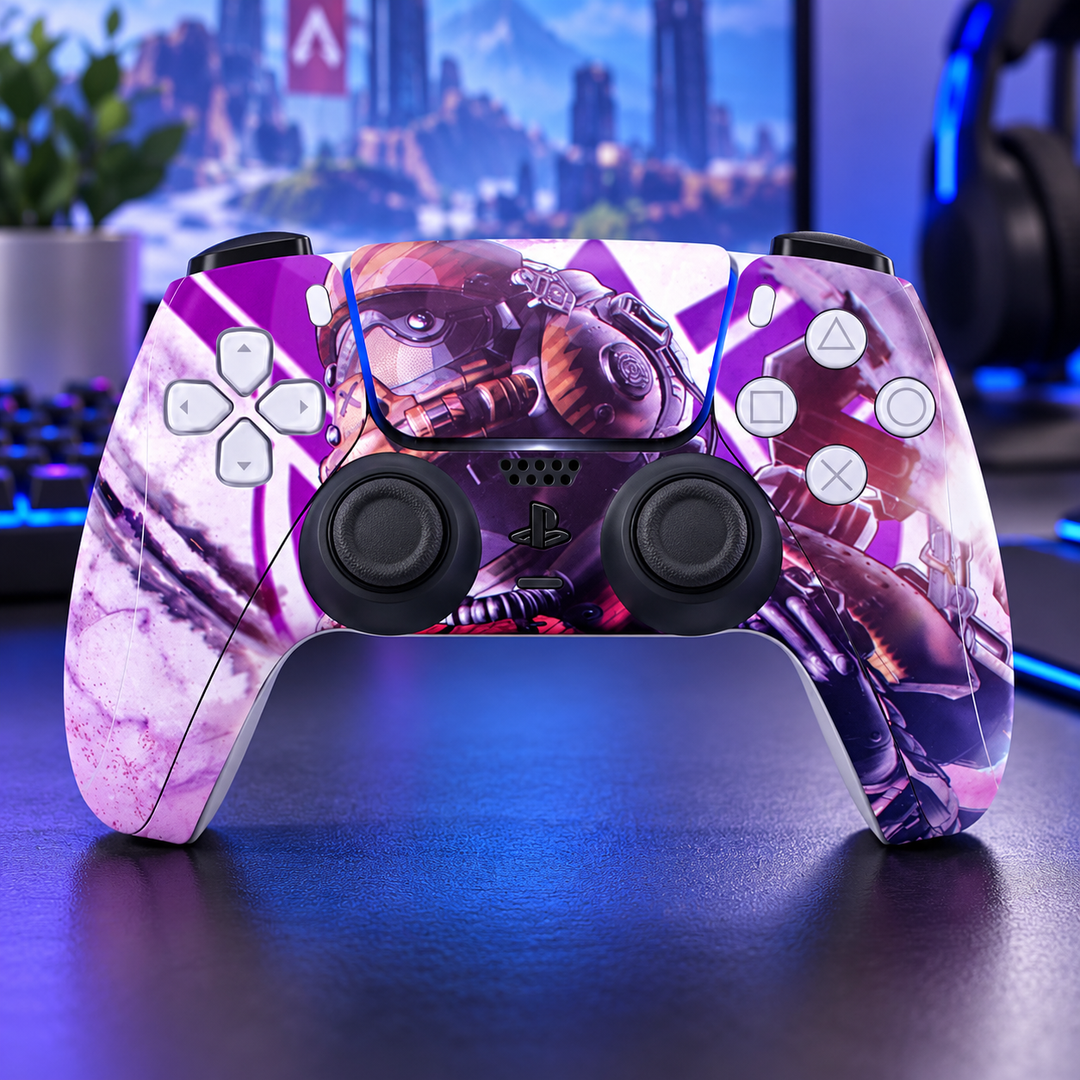 Apex Legends Pathfinder Purple Skin for PS5 DualSense Controller — gaming setup lifestyle view