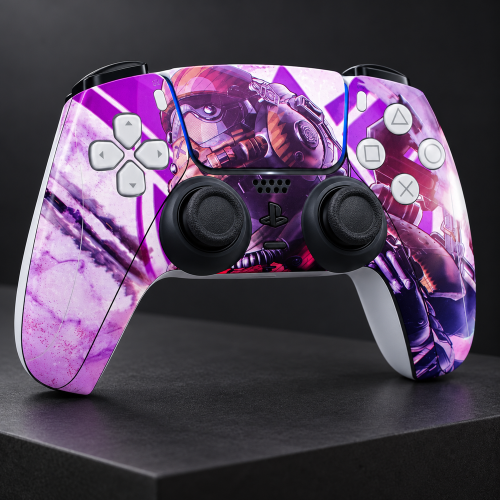 Apex Legends Pathfinder Purple Skin for PS5 DualSense Controller — studio angle on dark background