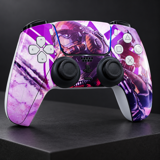 Apex Legends Pathfinder Purple Skin for PS5 DualSense Controller — studio angle on dark background