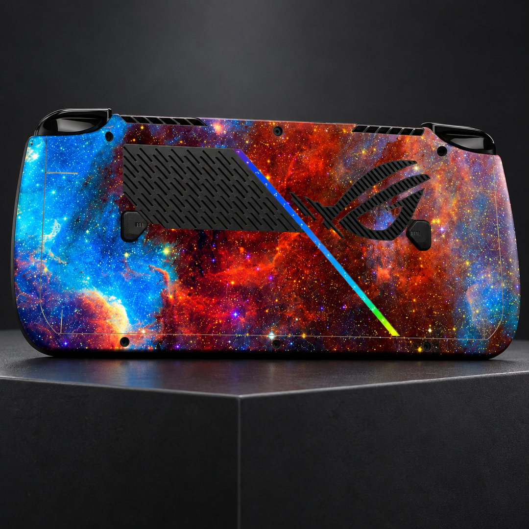 Blue Ember Galaxy Skin for ASUS ROG Ally X — back mockup; skin only