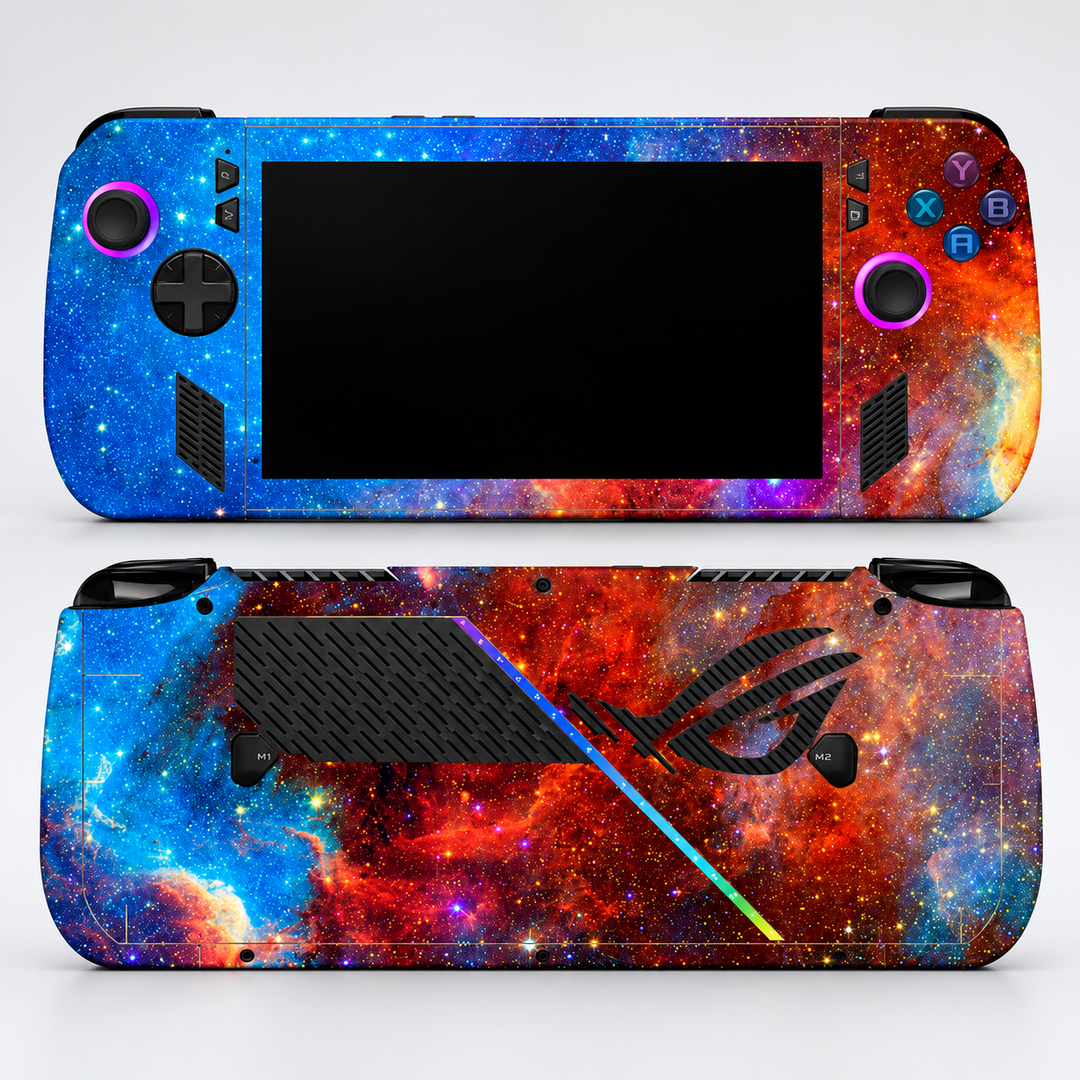 Blue Ember Galaxy Skin for ASUS ROG Ally X — hero mockup; skin only