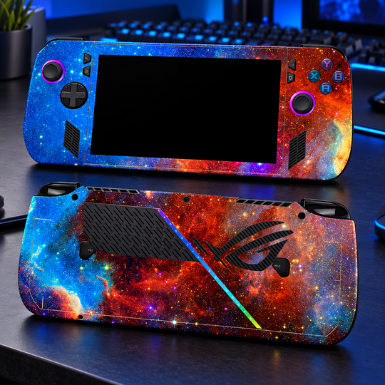 Blue Ember Galaxy Skin for ASUS ROG Ally X — lifestyle mockup; skin only