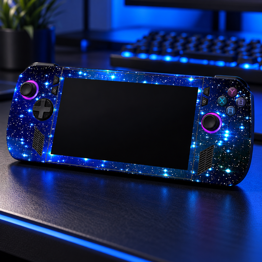 Blue Starfield Skin for ASUS ROG Ally X — lifestyle mockup; skin only