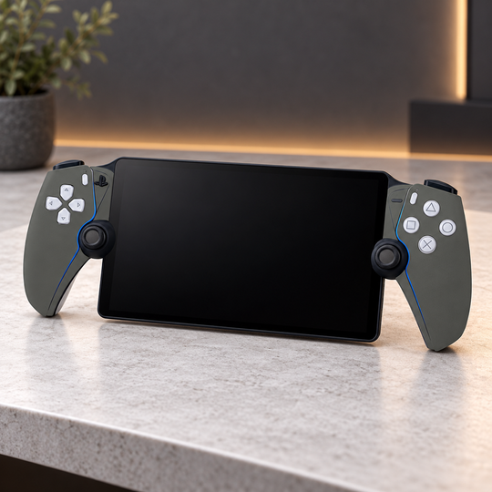 Charcoal Grey Skin for PlayStation Portal — gaming desk setting mockup