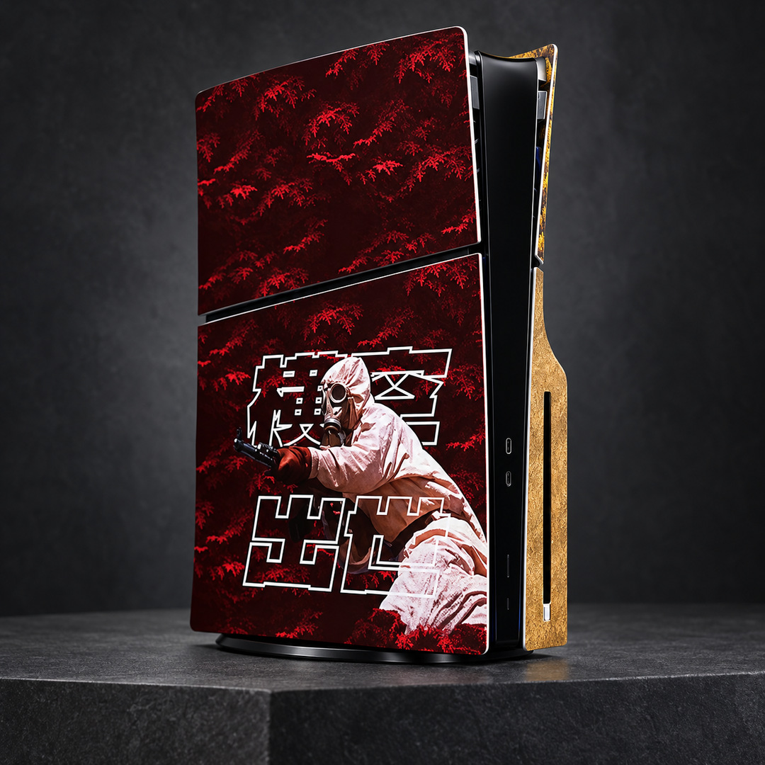 Crimson and Gold Journey Skin for PS5 Slim Disc Edition — studio angle on dark background