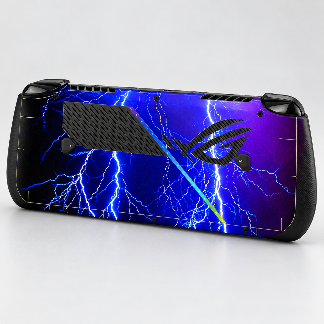 Electric Violet Lightning Skin for ASUS ROG Ally X — back mockup; skin only