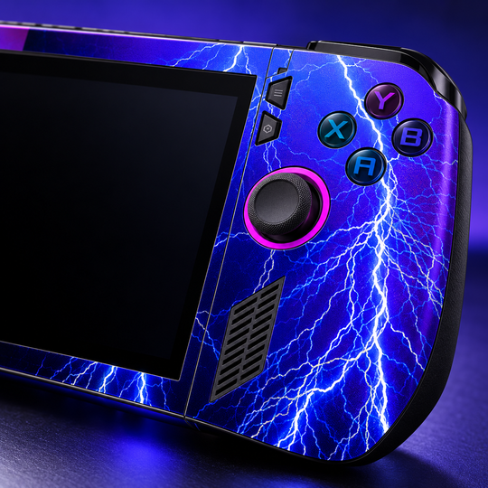 Electric Violet Lightning Skin for ASUS ROG Ally X — detail mockup; skin only