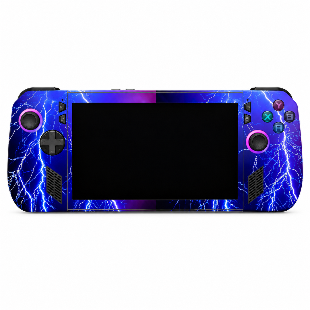 Electric Violet Lightning Skin for ASUS ROG Ally X — front mockup; skin only