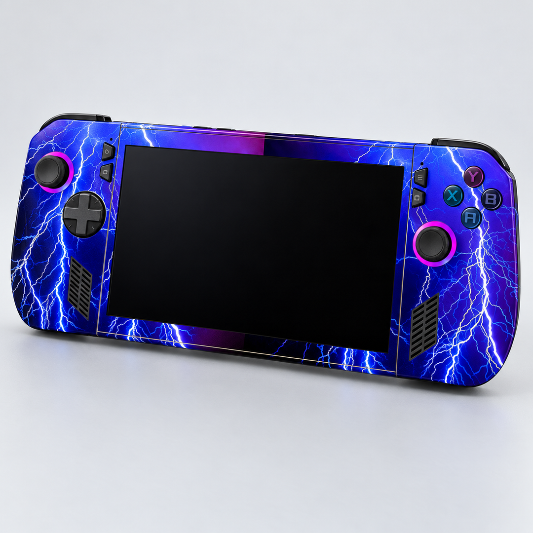 Electric Violet Lightning Skin for ASUS ROG Ally X — hero mockup; skin only