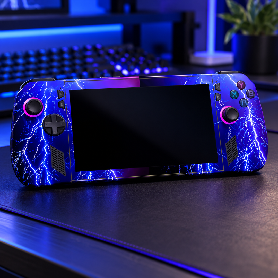 Electric Violet Lightning Skin for ASUS ROG Ally X — lifestyle mockup; skin only