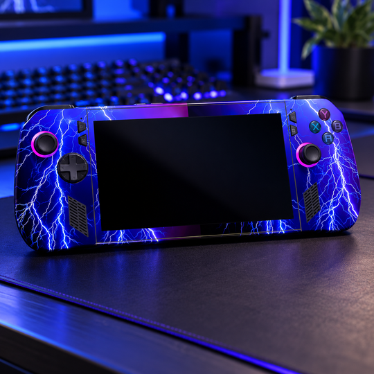 Electric Violet Lightning Skin for ASUS ROG Ally X — lifestyle mockup; skin only