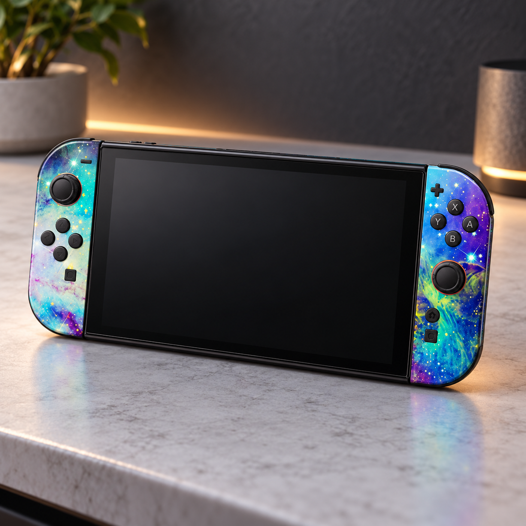 Galaxy Colors Skin for Nintendo Switch 2 — gaming desk setting mockup