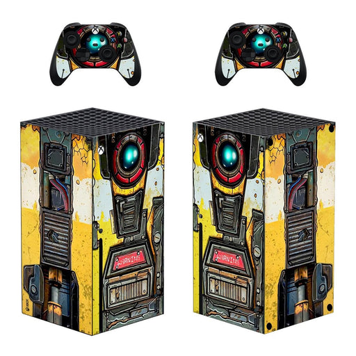 Claptrap-inspired Xbox Series X console and controller skins by Anyskinz™ featuring a Borderlands-themed design.