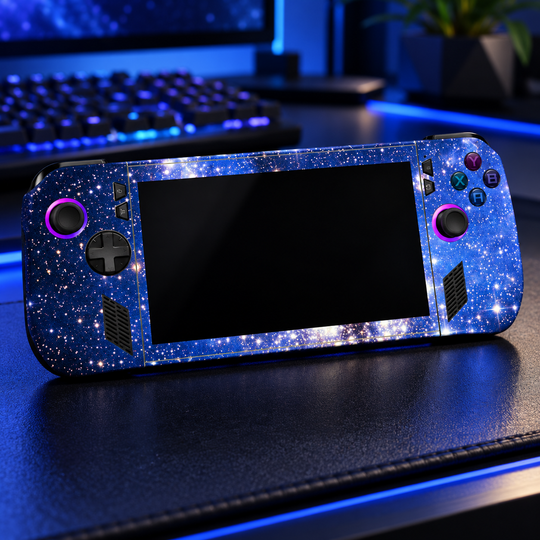 Milky Way Blue Skin for ASUS ROG Ally X — lifestyle mockup; skin only