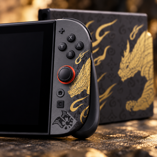 Monster Hunter Rise Charcoal Gold Skin for Nintendo Switch 2 — detail mockup; skin only