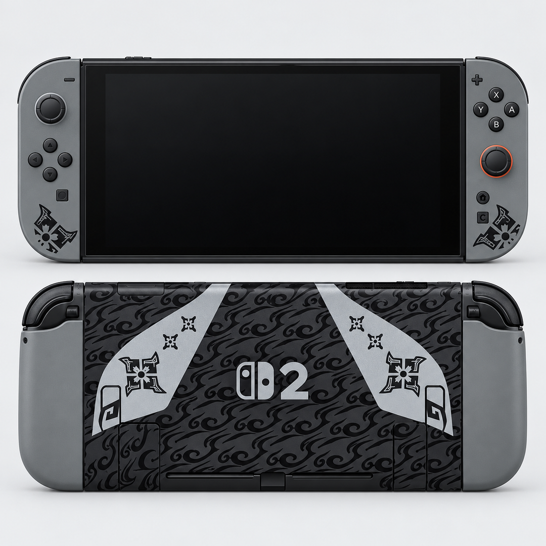 Monster Hunter Rise Charcoal Gold Skin for Nintendo Switch 2 — hero mockup; skin only